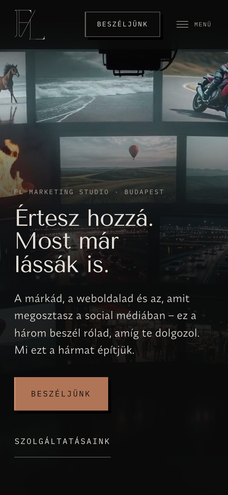 Ez az oldal telefonon: a nyitókép a címmel és a Beszéljünk gombbal